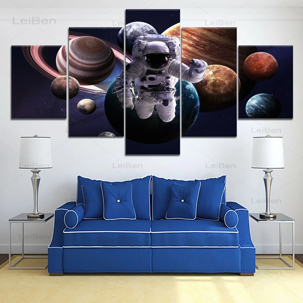 

Hd Five-Piece Print Canvas Painting Astronaut Universe Planet Art Poster Decoration Living Room Background Wall Frameless Mural