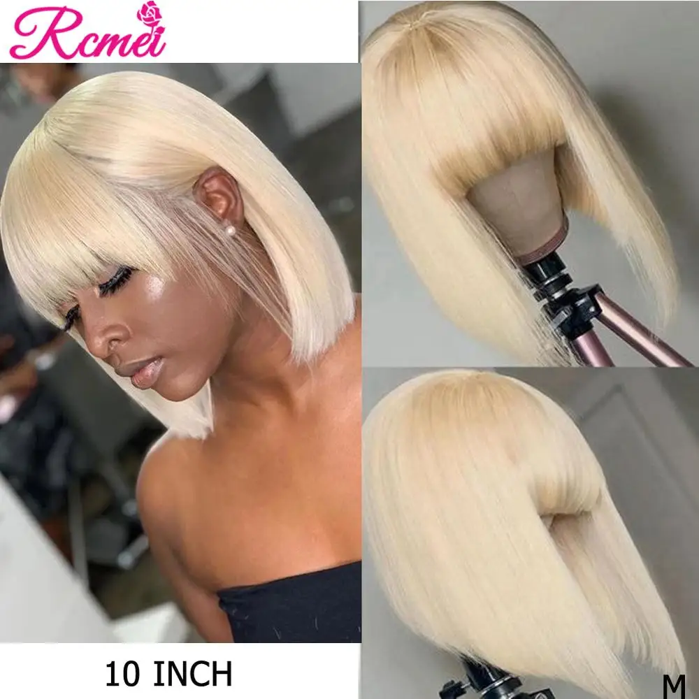 

Rcmei 613 Honey Blonde Bob Wig Human Hair Wigs With Bangs Brazilian Straight Wig Remy Hair Full Machine Made Wig With Bang