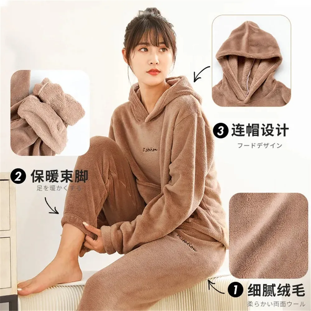 

WomenWinterFlannelHoodedPajamaSetLongSleeveLooseTopElasticWaistThickenWarmSleepwearPocketCoralFleeceHomewear