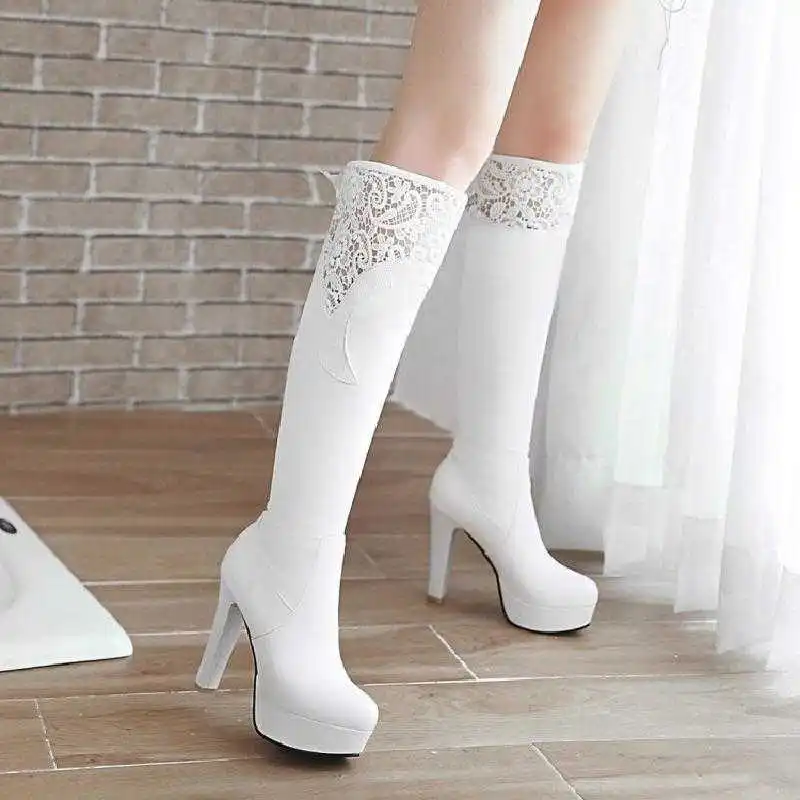 

Women's shoes flower stretch slim leg night club sexy super high heel boots white big size boots 40-43 small size 32