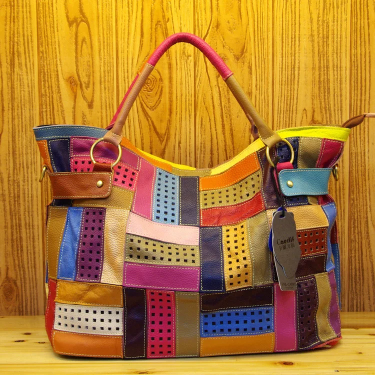 

Full-Grain Leather Characteristics Personality Contrast Pattern Trendy Bag Laptop Satchel Bag Handbags Retro Multi-Color Mosaic