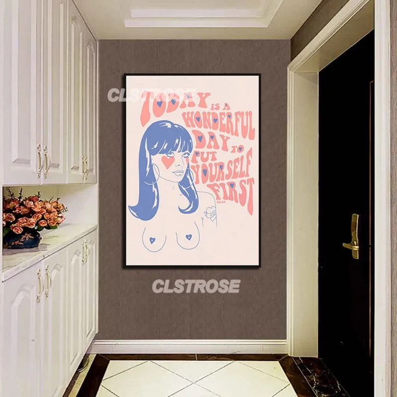 

Figure Canvas Painting Poster Girl with Blue Hair and Letters Home Wall Decoration for Bedroom Living Room Frameless Style