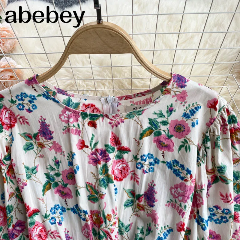 

Women French Floral Dress Sweet Puff Sleeve O Neck A-line Dress Summer Bohemian Print Holiday Beach Midi Dress