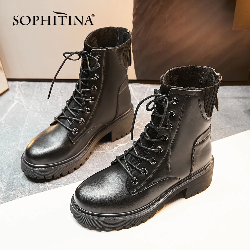 

Женские ботильоны из натуральной кожи SOPHITINA, однотонные Черные полусапожки с круглым носком, на толстой подошве, в стиле панк, po844