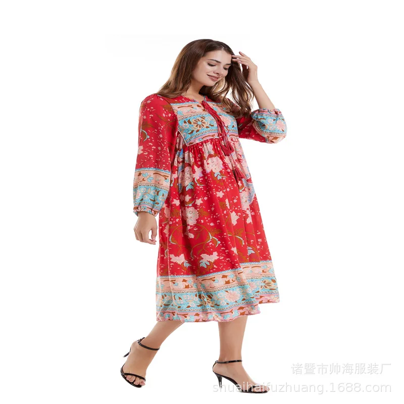 Женское ретро-платье бохо свободное платье с длинным рукавом и v-образным вырезом