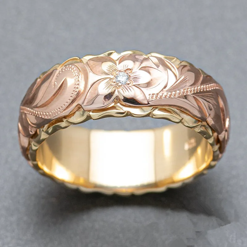 

Classic Rose Gold Color Two Tone Hand Carving Flower Ring for Cocktail Party Women's Ring Anniversary Jewelry Lover's Gifts