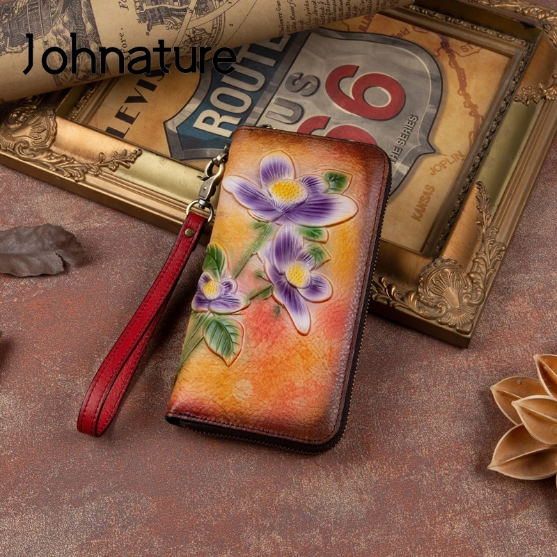 

Johnature 2022 New First Layer Cow Leather Embossed Women Wallet Vintage Floral Long Zipper Ladies Clutch Bags Phone Purse