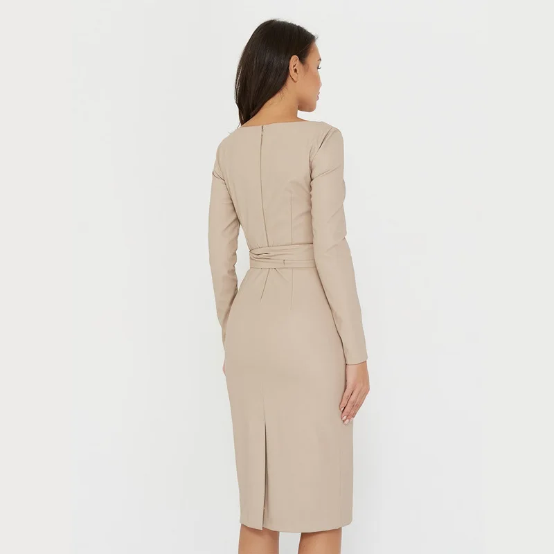 

Women Slash Neck Slim Sheath Pu Leather Dress 2021 Spring Elegant Solid Color Leather Dress With Belt