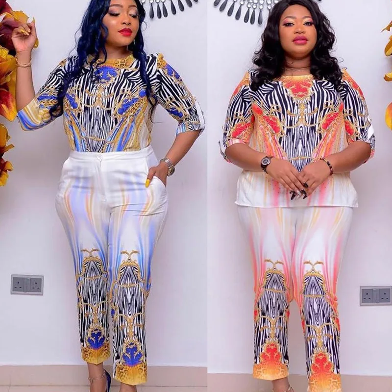 

Одежда в африканском стиле для женщин, лето 2021, комплект из двух предметов с длинным рукавом и Африканским принтом, топ и брюки, женский кост...
