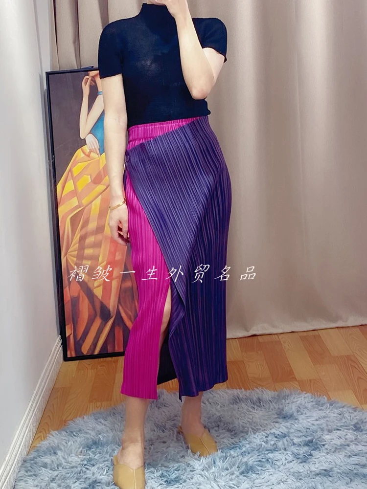

Summer 2020 button-up one-piece skirt Miyak fold Fashion slim fit color matching wild mid-length straight split skirt tied