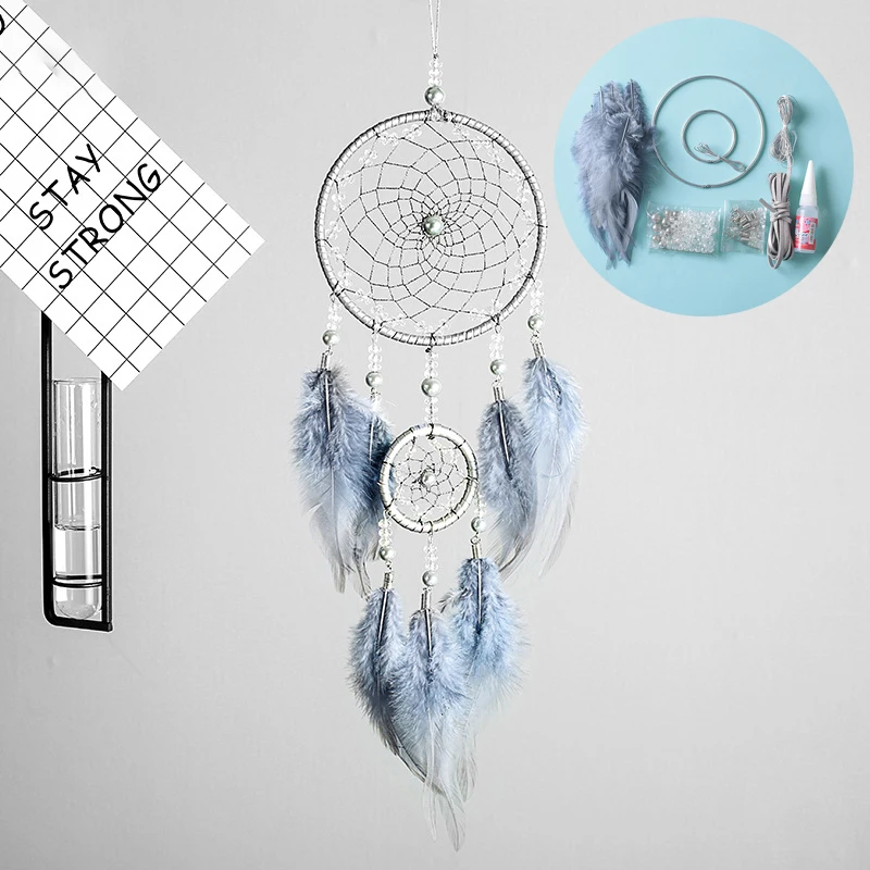 

Nordic Dream Catcher DIY Home Decoration Accessories Room Wall Hanging Decor Feathers Bead Pendant Ornaments Bedroom with Light