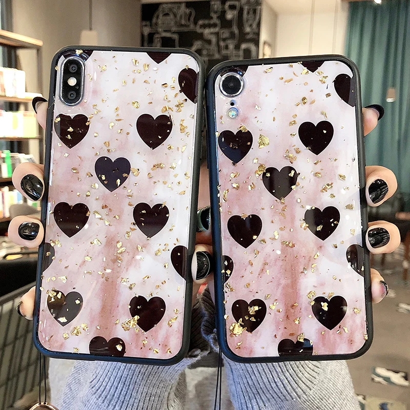 Роскошный Золотой фольгированный чехол с сердечком для iPhone 7 8 6 6S Plus блестящий