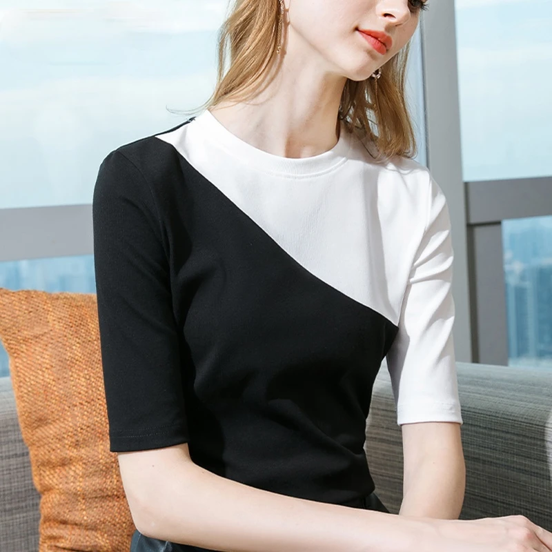 

Офисные женские футболки элегантные дамские Топы Бизнес хлопковая блуза с круглым вырезом и коротким рукавом, начинающих ходить летняя Ropa ...