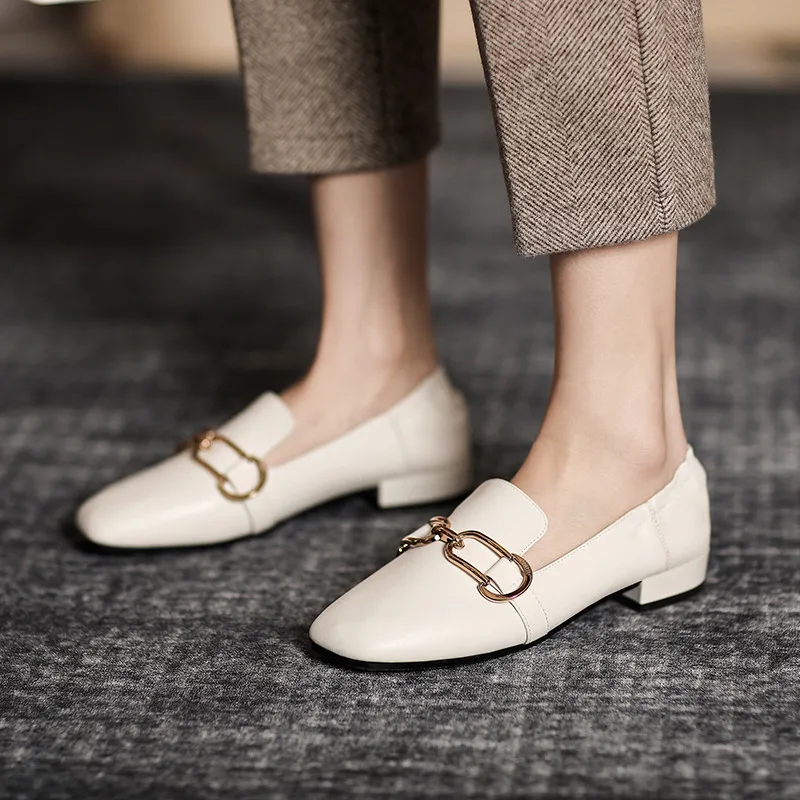 

FEDONAS Metal Decoration Female Loafers Casual Basic Genuine Leather Shoes Woman Concise Working Thick Heels Shoes For Women