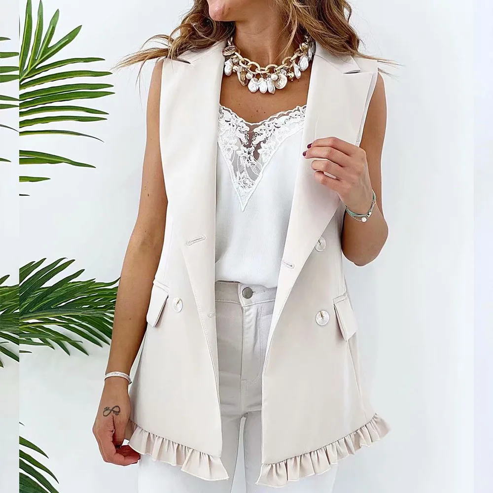 

2021 Za Women Fashion Double breasted ruffled suit vest jacket Waistcoat Vintage Sleeveless pocket Female Vest Coat Chic Tops