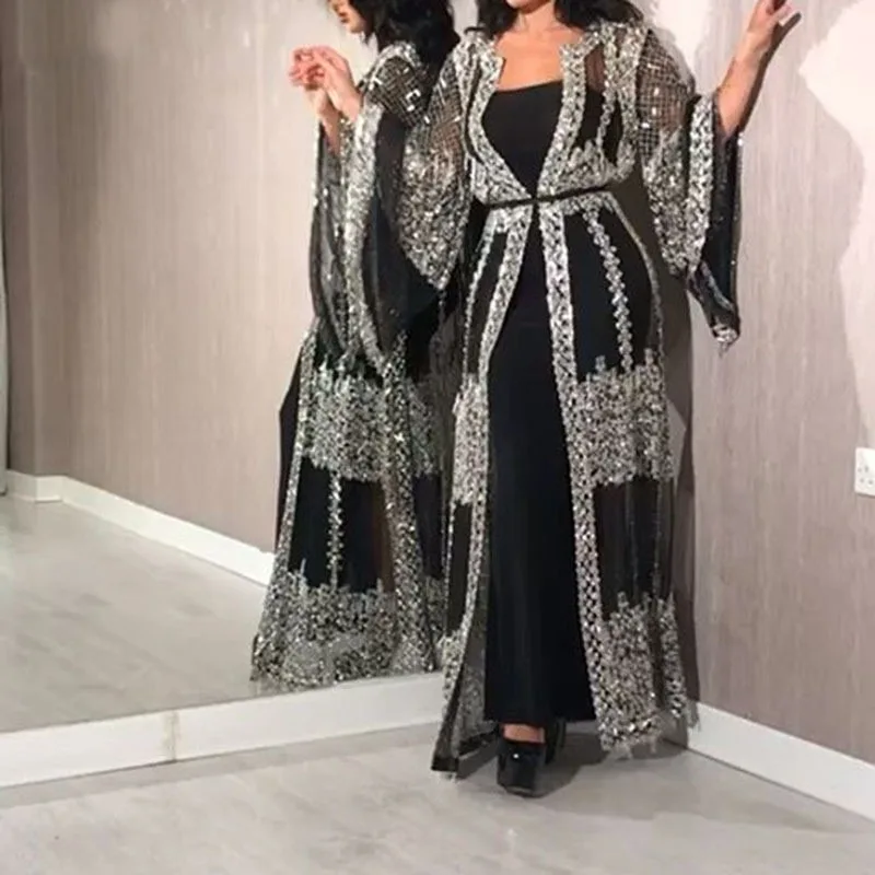 

Dubai Abayavestido de lujo para mujer, vestido Maxi negro de lujo con lentejuelas encaje bordado Kaftan islmico Kimono 2021