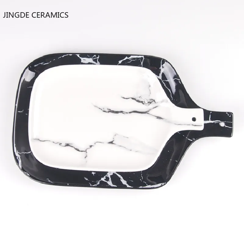 

Modern Marble Texture Ceramic Tray with Handle Restaurant Serving Tray Western Food Steak Plates Salad Dish Kitchen Tableware