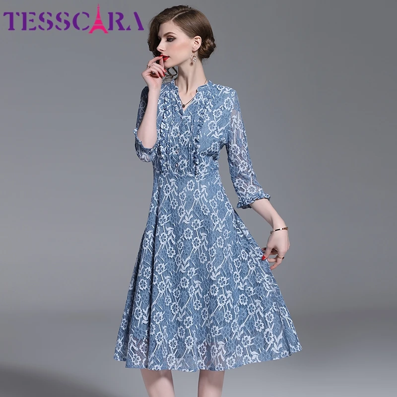 Женское весенне летнее Элегантное синее кружевное платье TESSCARA женское