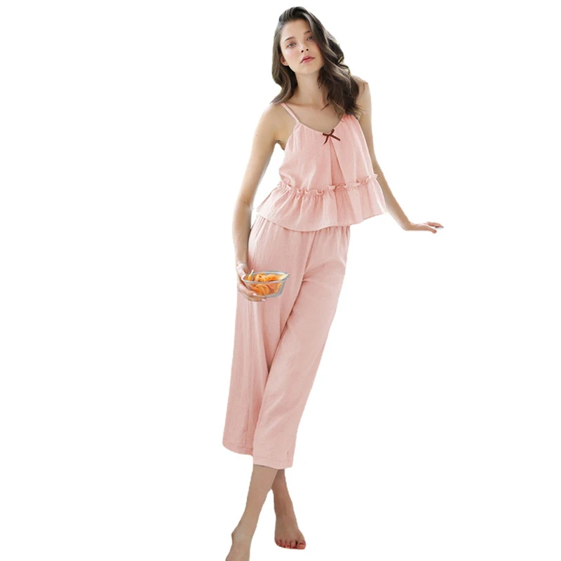 

2021 Cotton New Summer Night Suit Women Casual Solid Sling Pajamas Set Ladies V-neck Soft Breathable Pijamas Female Home Service