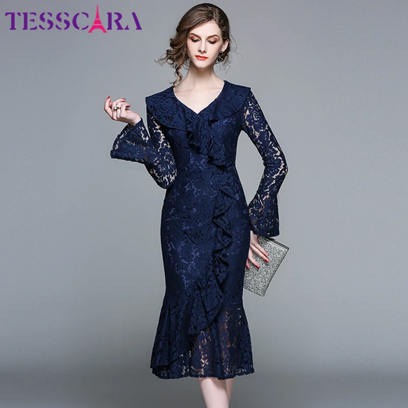 TESSCARA, женское осеннее элегантное кружевное платье, для женщин, высокое качество, офисные, вечерние, Vestidos, винтажное, с оборками, дизайнерское, длинный рукав, Халат