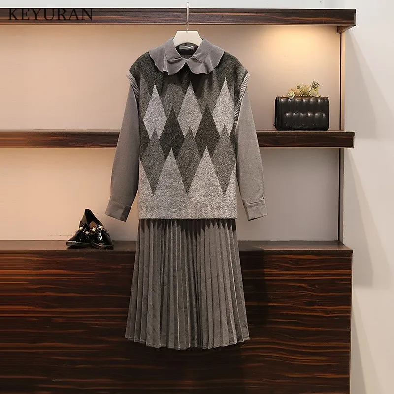 Осенний шерстяной жилет размера плюс и плиссированное платье костюм для женщин