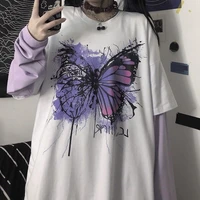 purple grunge tops butterfly anime long sleeved t shirt fake two pieces color block aesthetic clothes women graphic tee y2k top