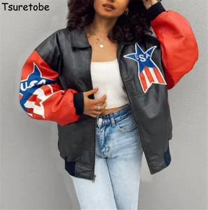 Tsuretobe с принтов в виде флажков куртка 2020, Женская обувь в стиле пэчворк зимняя одежда для женщин из искусственной кожи пальто для женщин с буквенным принтом размера плюс одежда