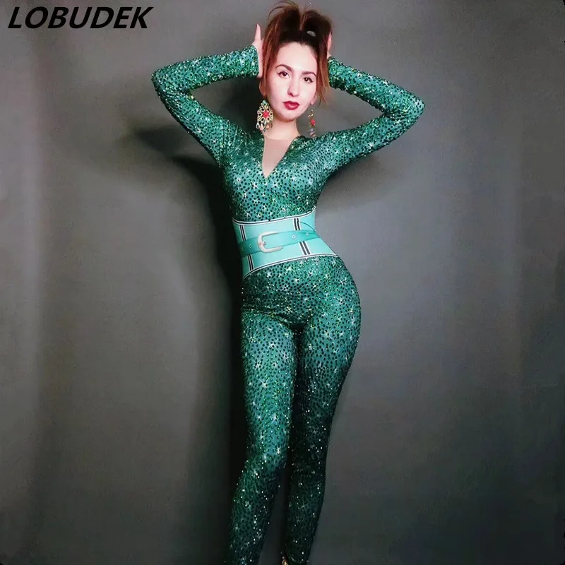 Female Singer Bar Nightclub Concert Costume Green Rhinestones Tight-fitting Jumpsuit Evening Performance Birthday Party | Женская одежда