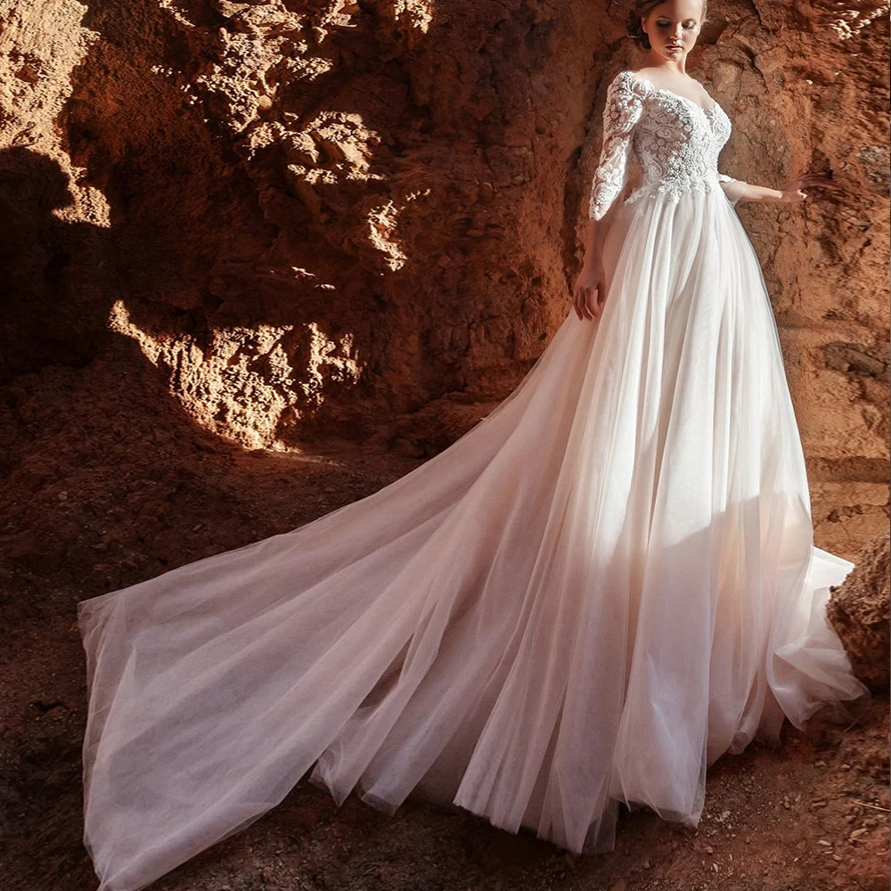 

O-Neck Three Quarter Sleeve Through Wedding Dresses Lace Appliques Court Train Tulle Bridal Gown robe