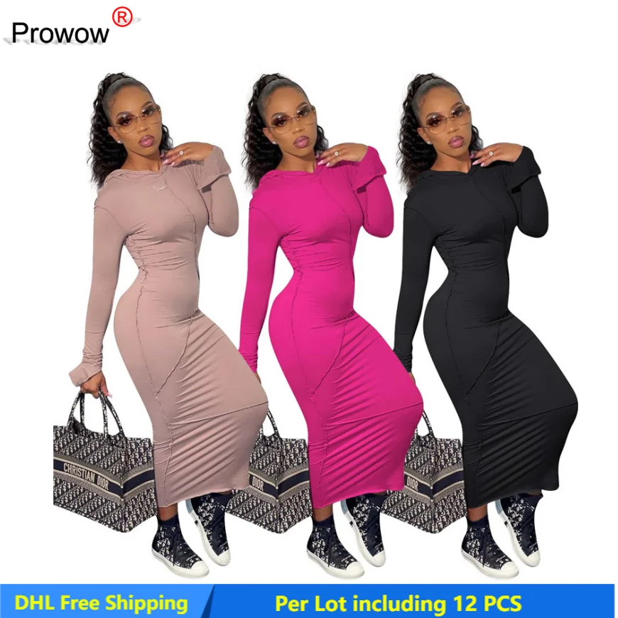 

Cotton Fall Long Sleeve Dress Women 2021 Casual Hooded Solid Bodycon Dresses Elegant Party Skinny Maxi Dress Wholesale Lots 5858