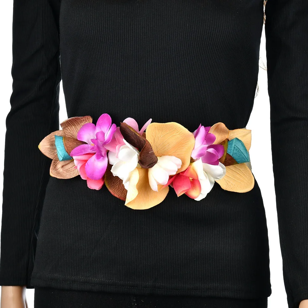 Sweet Elegant Women Pink Flower Belt Elastic Waist Chain Wedding Buckle Waistband Boho Floral Belt Accessories DW10