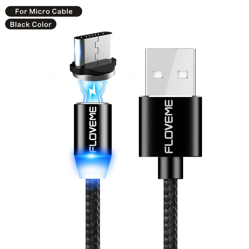 FLOVEM Магнитный кабель Micro usb type C USB-C кабель 1 м 2 м светодиодный короткий usb кабель для зарядки магнитное зарядное устройство круглый разъем для iPhone XR - Цвет: For Micro Black