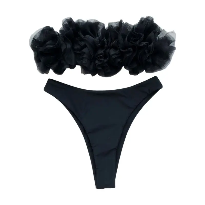 

Women Sexy Bikini Set Strapless Solid Color Swimsuit Mesh Ruffles Bathing Suit