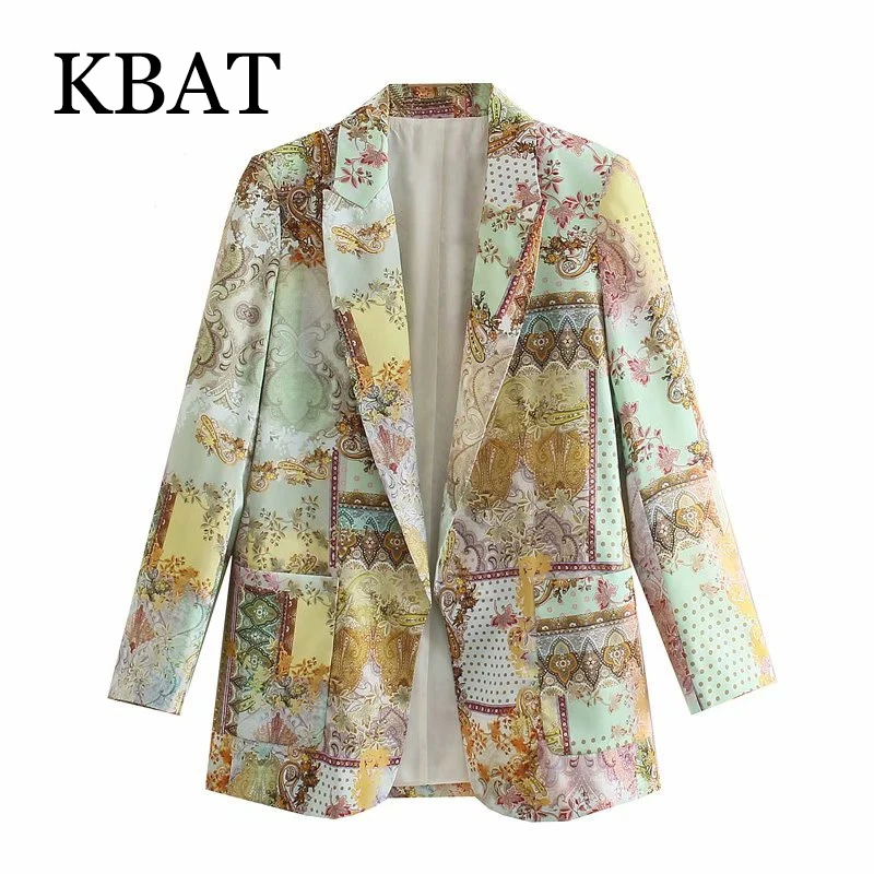 

KBAT 2021 для женщин в винтажном стиле, с длинным рукавом женская одежда карман офисный Блейзер Y2k принт Свободный Повседневный Блейзер высоког...
