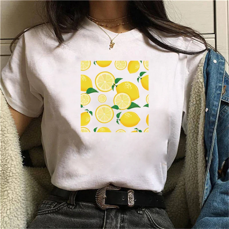 

Summer 2021 New Women Lemon print ladies T-shirt ladies casual basis O-collar white shirt short sleeve ladies T-shirt,Drop Ship