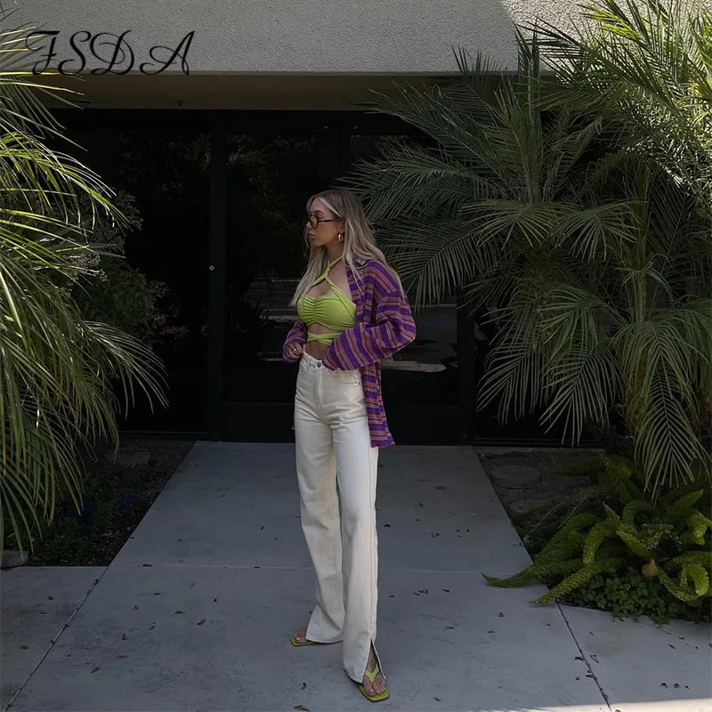 

FSDA 2021 Striple Print Shirt Dress Women Oversized Mini Long Purple Sleeve Spring Summer Y2K V Neck Casual Dresses