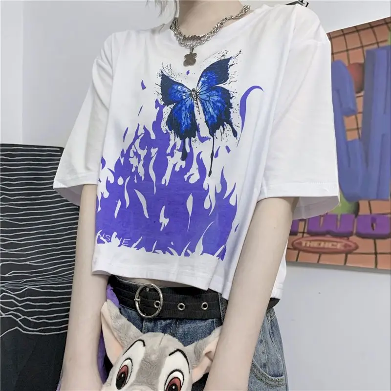 

Пламени печатных белые женские туфли; Хлопковые футболки в готическом стиле, в Корейском стиле, футболка парные футболки размера плюс, одеж...