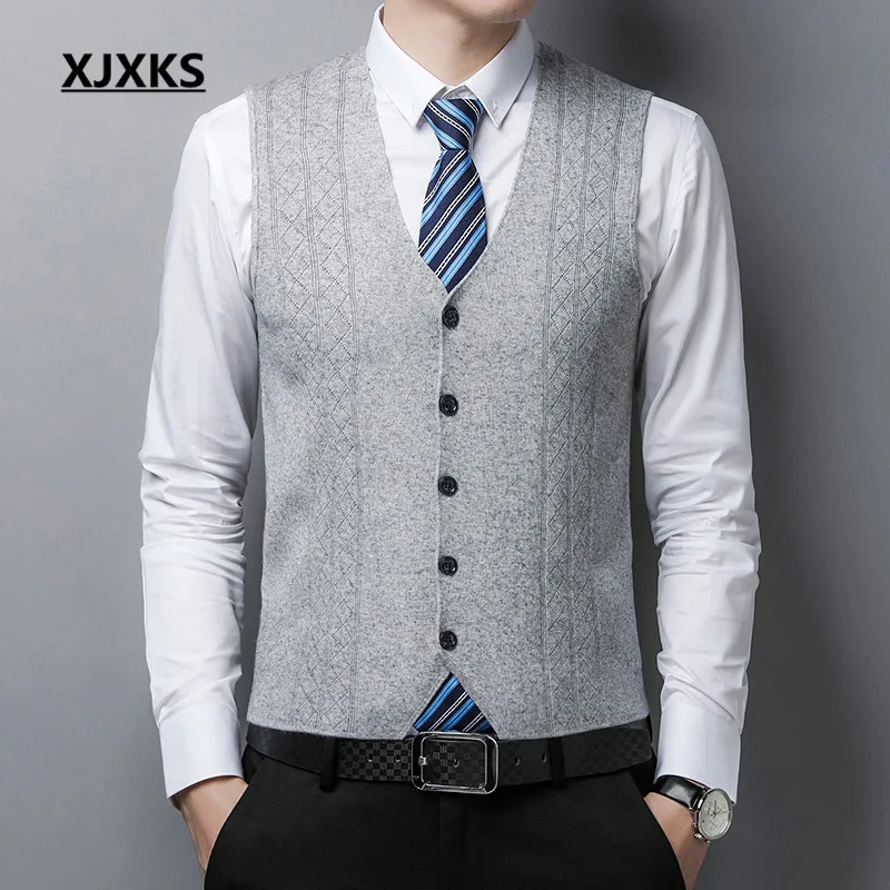 

XJXKS модный мужской кардиган с V-образным вырезом, жилет, новинка 2022, Осень-зима, удобный кашемировый вязаный свитер без рукавов, мужской жилет