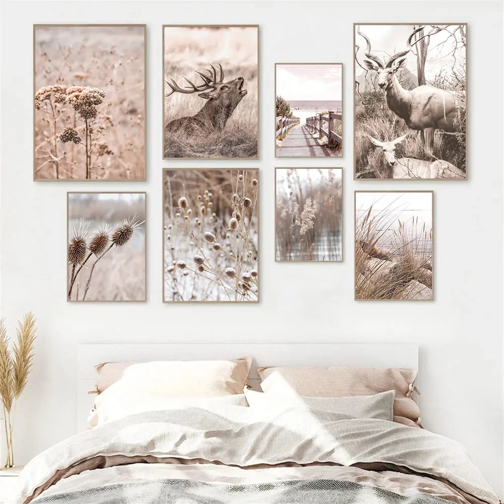 

Nature Landscape Poster Animal Deer Beach Bridge Canvas Painting Plant Reed Grass Wall Art Print Nordic Wall Pictures Home Decor