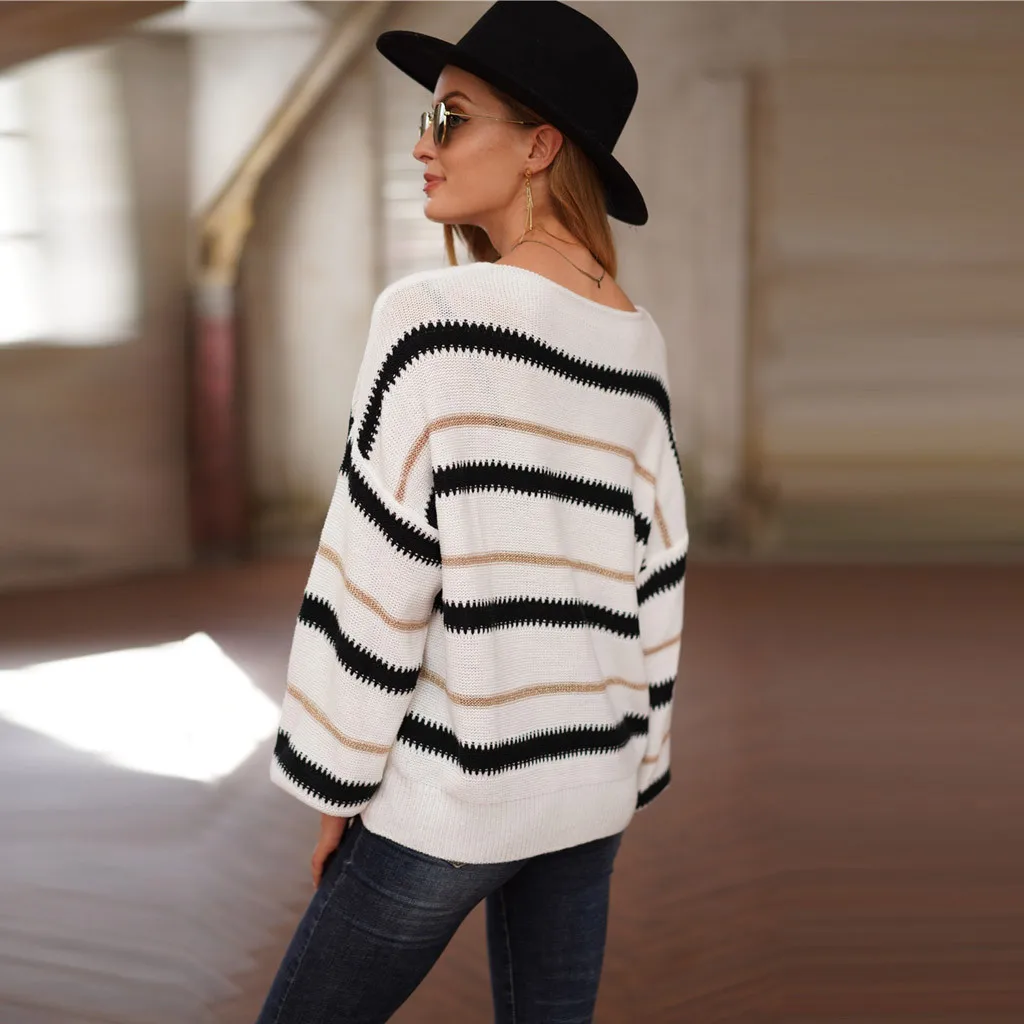 Модный женский осенне-весенне-зимний Свободный Полосатый Вязаный Пуловер с
