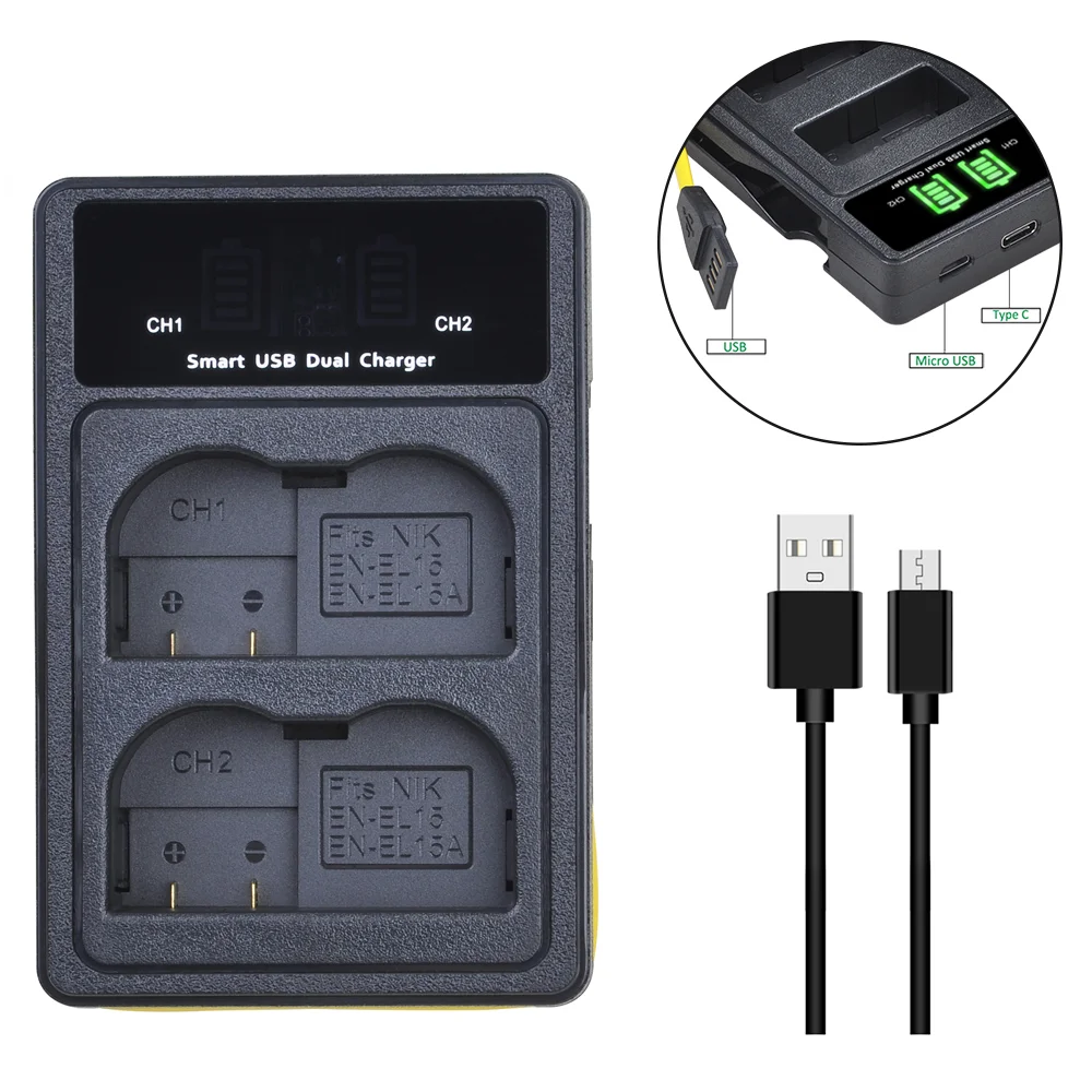 2 шт. EN EL15 RU ENEL15 EL15A Батарейки + ЖК дисплей Dual USB Зарядное устройство для Nikon D600 D610 D600E