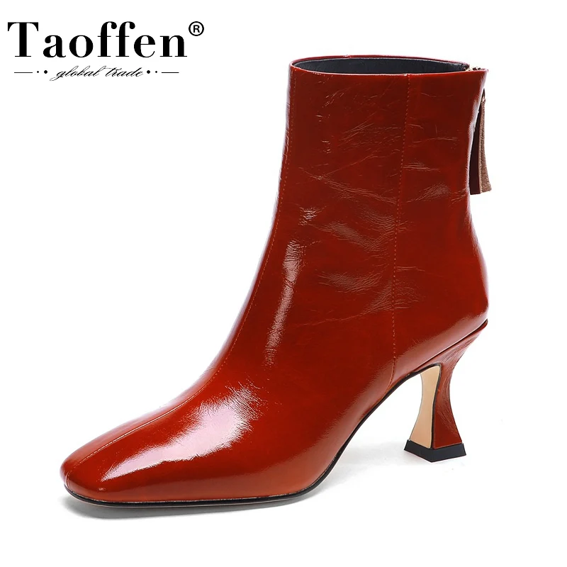 

Taoffen/Новинка 2021 года; Женские ботильоны из натуральной кожи с квадратным носком на молнии; Полусапожки на необычном каблуке; Женская обувь; Р...
