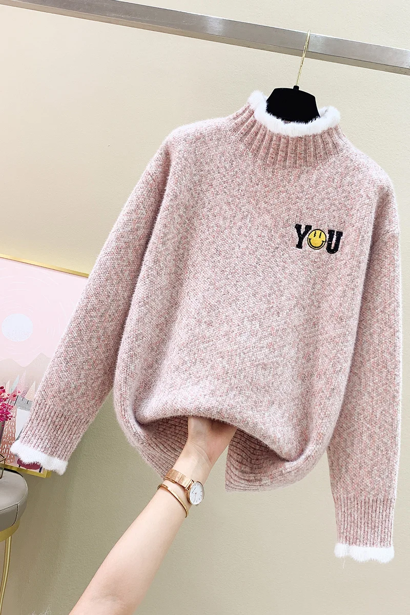 

Women's Turtleneck Chenille Thick Sweater Autumn And Winter Students Loose Pullover Sweater Sweet Girls Embroidery Sweater