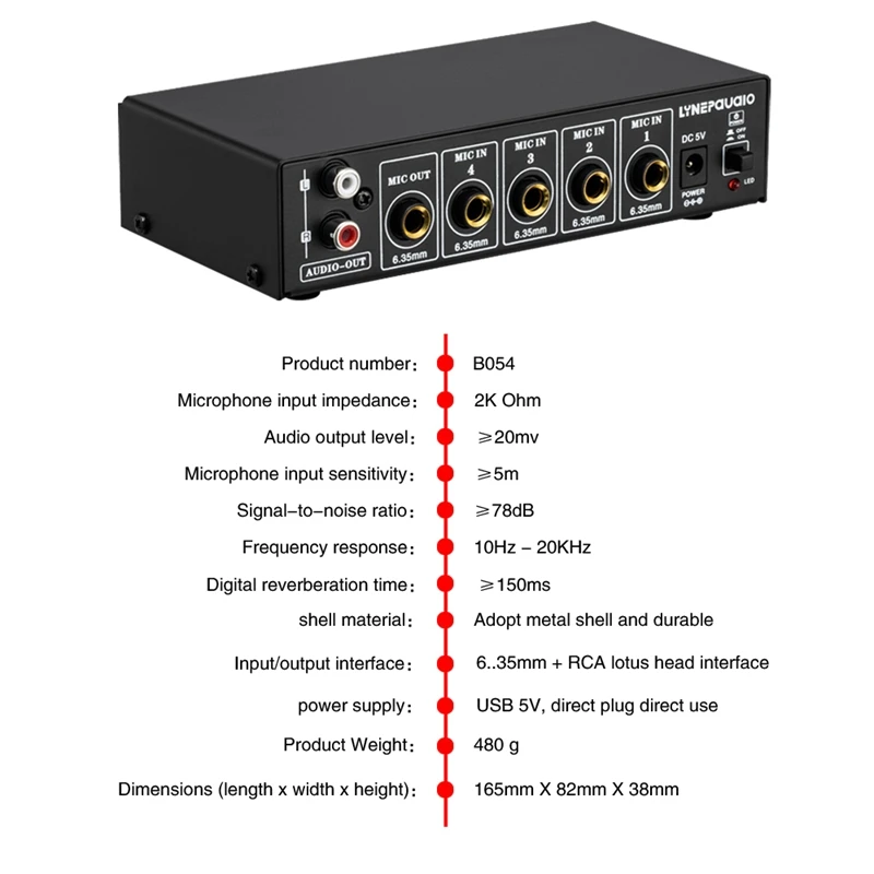 

LYNEPAUAIO 4-Channel Microphone Studio Audio Mixer Stereo Output with Reverb Treble and Bass Adjustment 6.35mm RCA Output