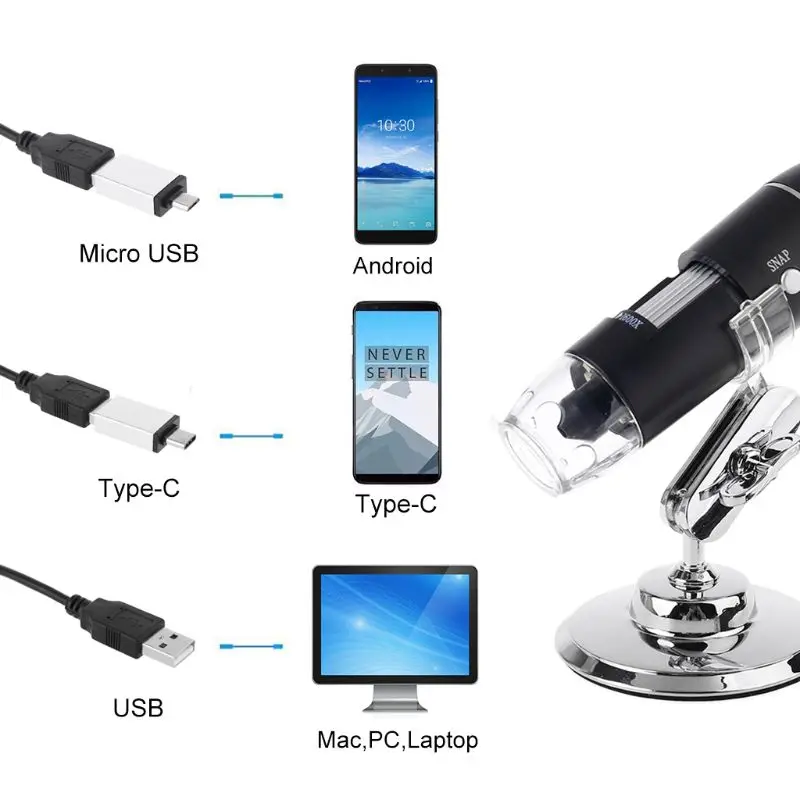 

1600X Digital Microscope with 2 Adapter PC Type-C Micro-USB Phone USB Magnifier with 8 LED Light
