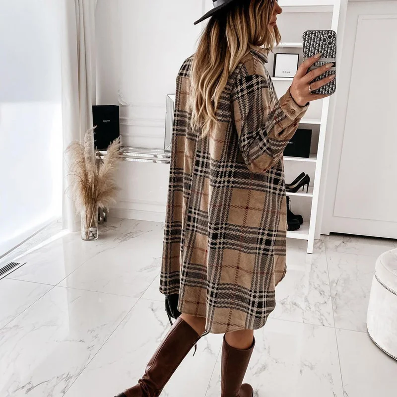 

New Fashion Women Autumn Plaid Long Sleeve Casual Shirt Dress