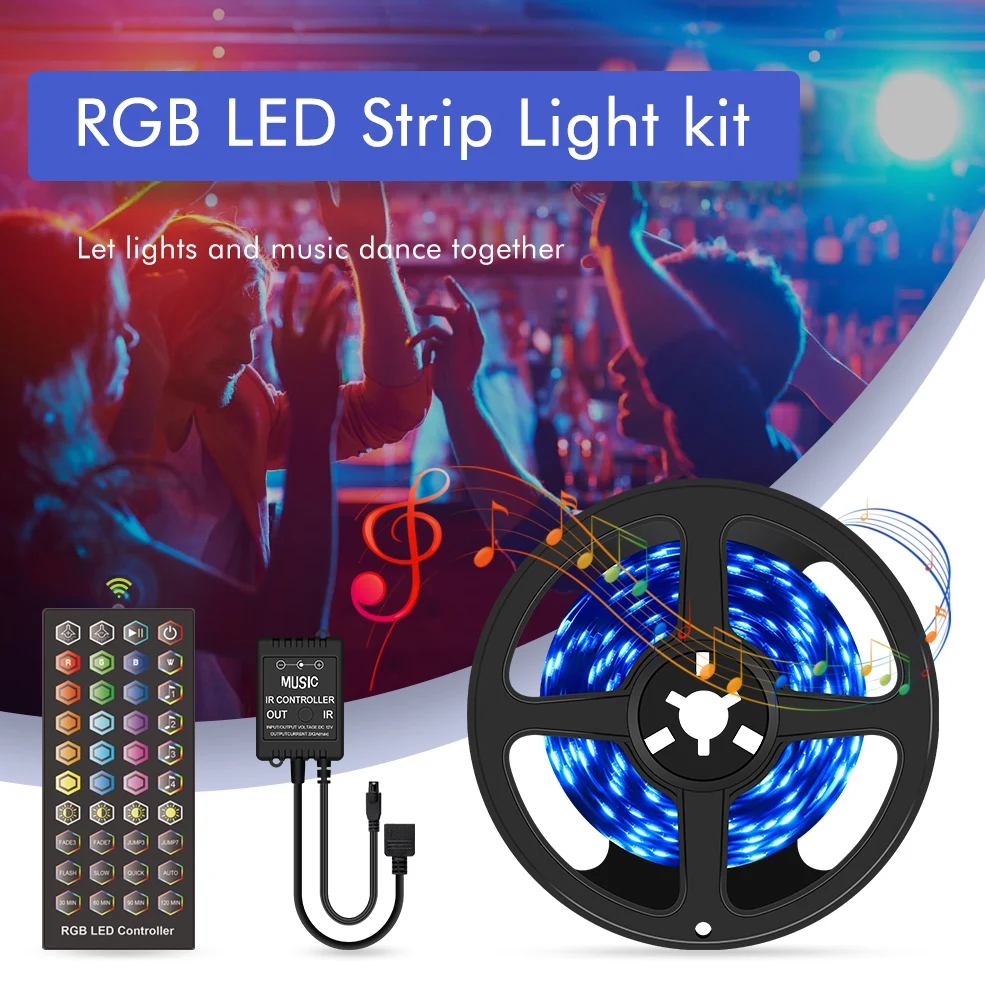 

RGB LED Strip Light 5050 SMD Diode Flexible Ribbon 5M 10M 15M 20M LED Strip Full Set with Music LED Controller 12V Power Adapter