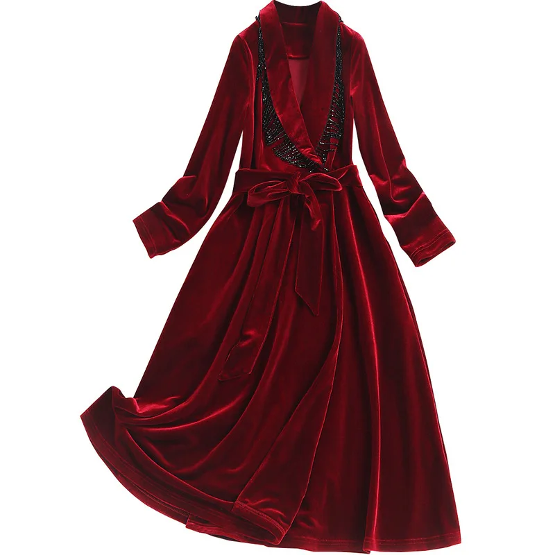 

AELESEEN High Quality Wintern Velvet Dress Women's Long Sleeve Runway Fashion Beading V-neck Black Belt Elegant Dress