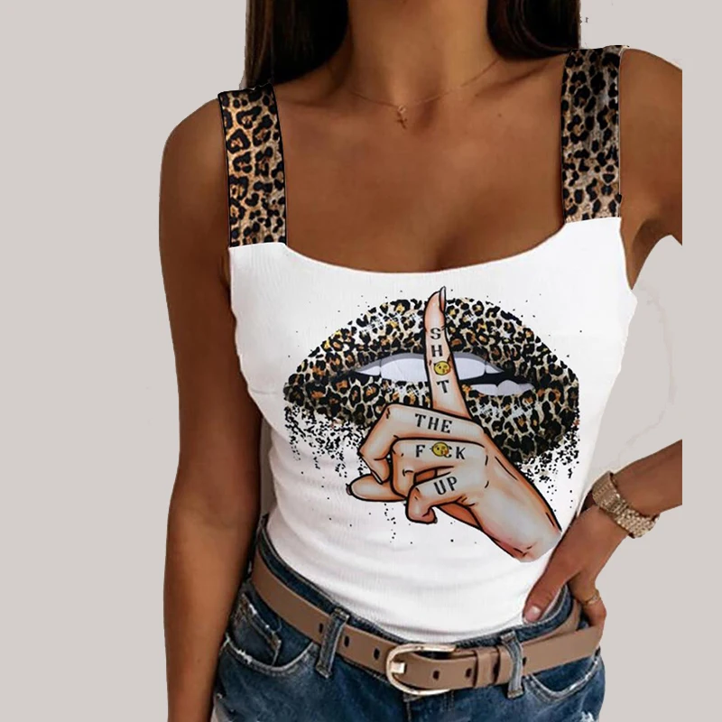 

Women's Leopard Lips Print Tank Tops Sexy Sleeveless Solid Color Crop Tops Party Club Streetwear 2021 Summer Lady Bustier Tops