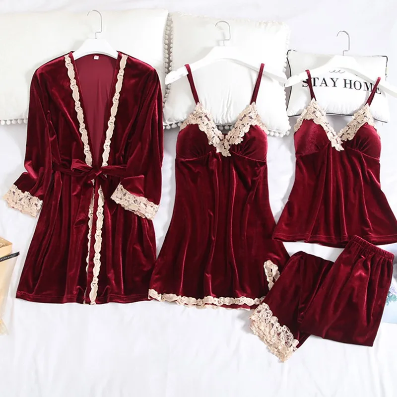 

Tonngirls 4 Pieces Set Sleepwear Solid Black Women's Pajamas Set Spring Summer Robe Home Suit For Women 2021 Homewear Sleepwear